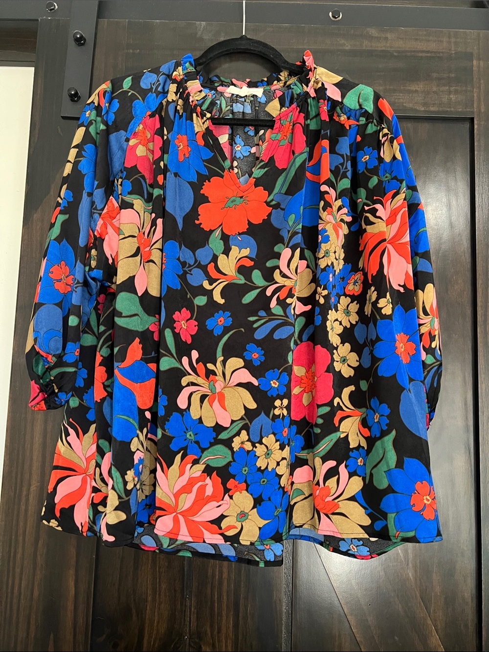 Women’s Black Floral V-Neck Blouse with Bright Multicolor Print